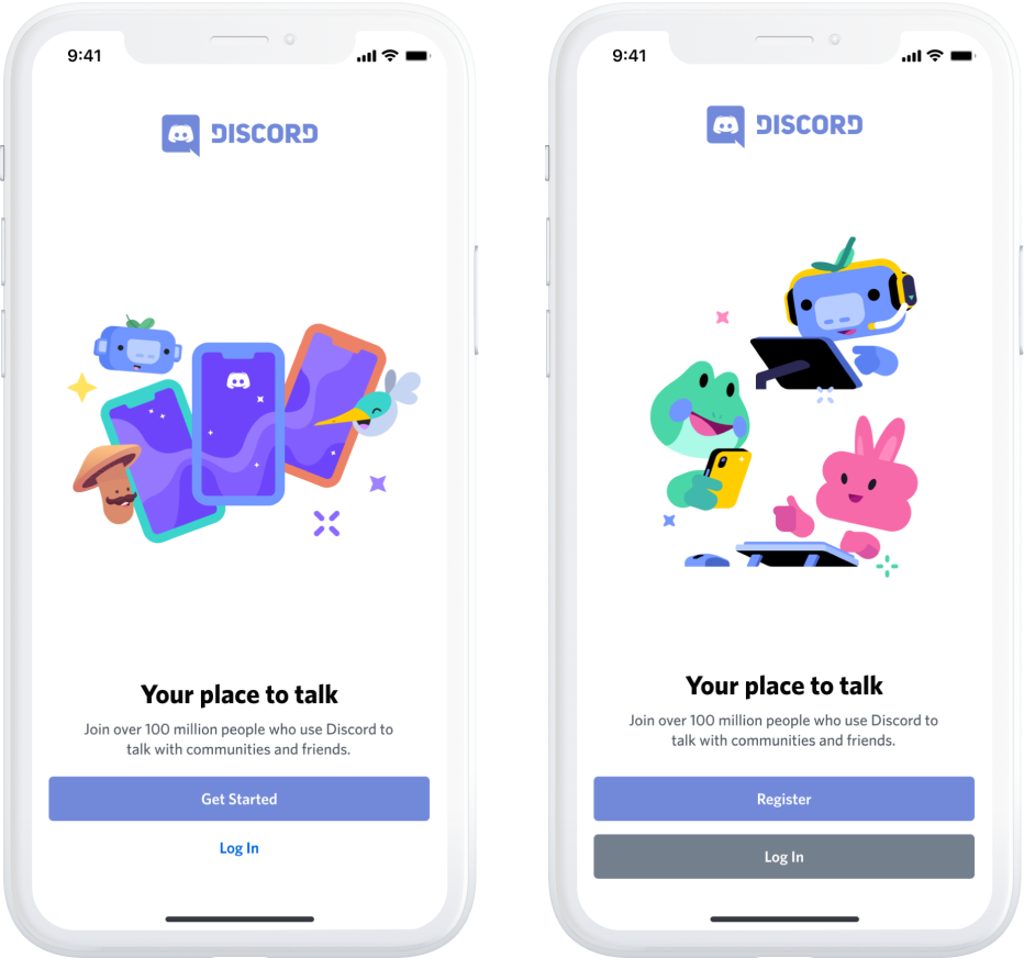 Two phones displaying two variations of the Discord welcome splash screen on iOS