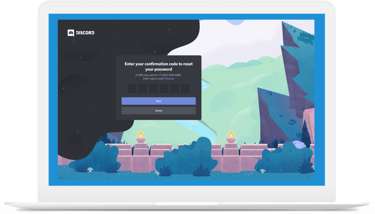 Desktop version of Discord showing UI for entering a 6 digit number for password reset